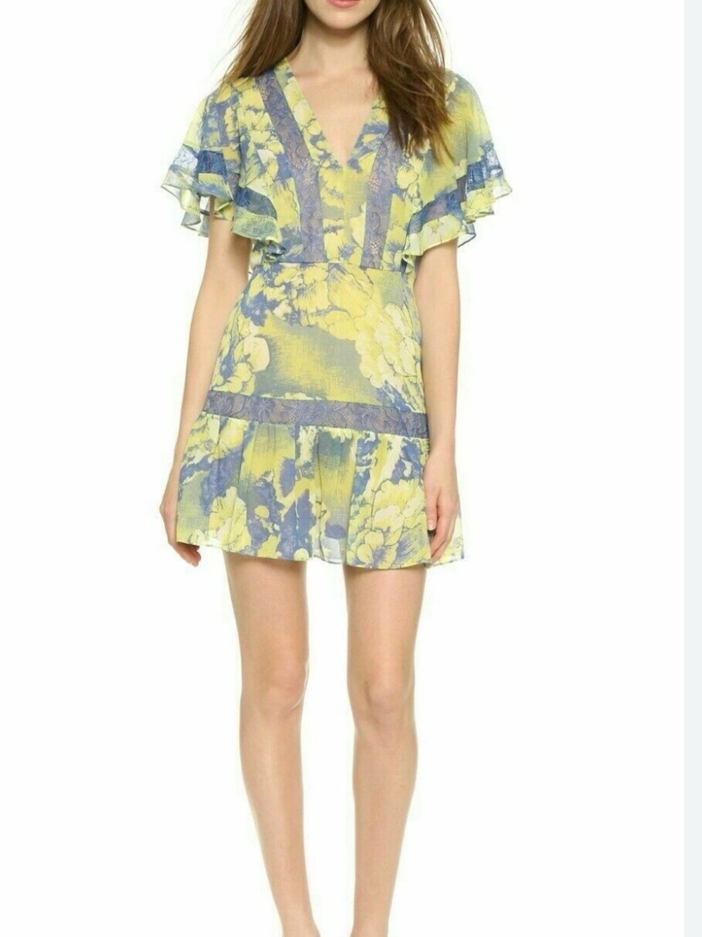 BCBGMAXAZRIA Karian Dark Lime Combo Floral V-Neck Dress Size 10